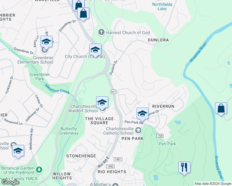 map of restaurants, bars, coffee shops, grocery stores, and more near 1637 Sawgrass Court in Charlottesville