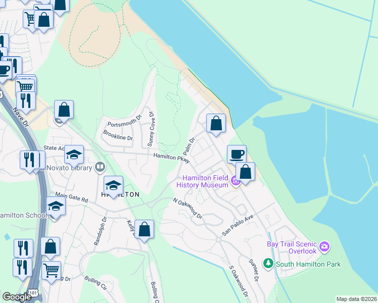 map of restaurants, bars, coffee shops, grocery stores, and more near 26 Arnold Drive in Novato