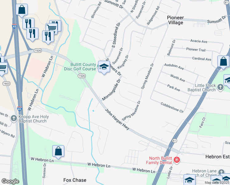 map of restaurants, bars, coffee shops, grocery stores, and more near 12034 Morningside Drive in Louisville