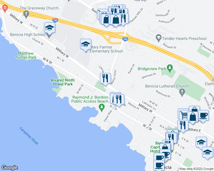 map of restaurants, bars, coffee shops, grocery stores, and more near Military W & W 7th St in Benicia