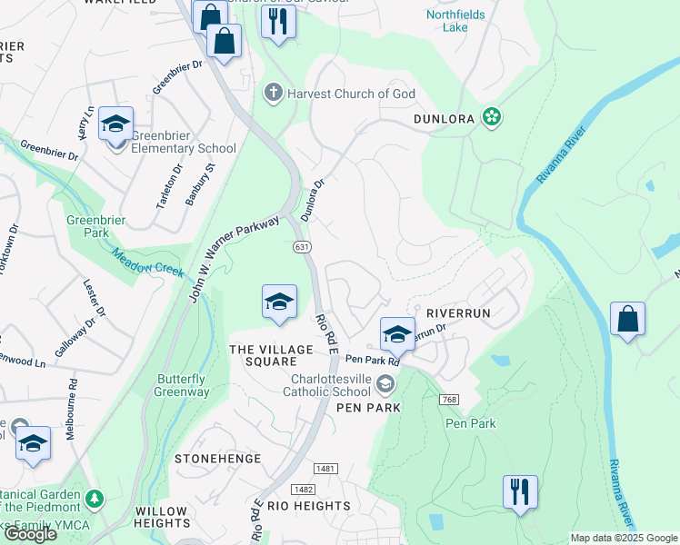 map of restaurants, bars, coffee shops, grocery stores, and more near 1811 Barefoot Court in Charlottesville