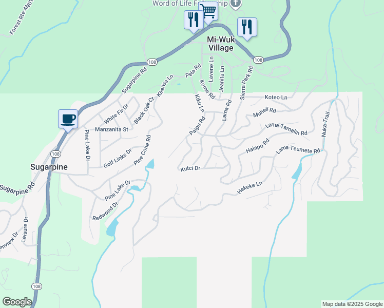 map of restaurants, bars, coffee shops, grocery stores, and more near 24138 Wuuya Way in Mi-Wuk Village