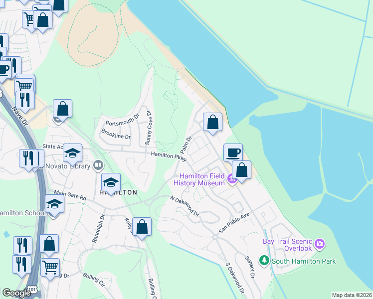 map of restaurants, bars, coffee shops, grocery stores, and more near 26 Arnold Drive in Novato