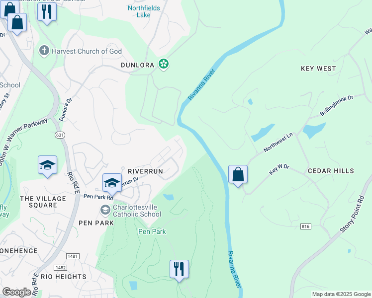 map of restaurants, bars, coffee shops, grocery stores, and more near 1417 Glenside Green Court in Charlottesville