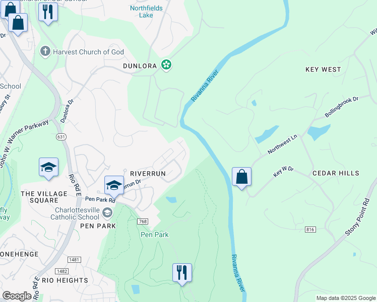map of restaurants, bars, coffee shops, grocery stores, and more near 1417 Glenside Green Court in Charlottesville