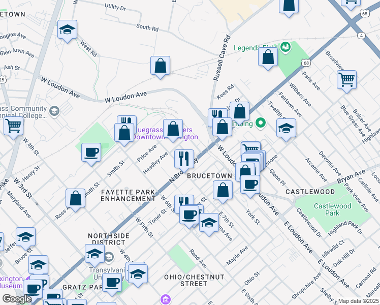 map of restaurants, bars, coffee shops, grocery stores, and more near 406 Granard Avenue in Lexington