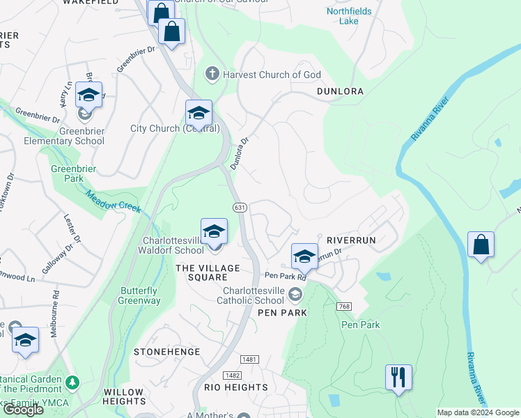 map of restaurants, bars, coffee shops, grocery stores, and more near 1811 Barefoot Court in Charlottesville