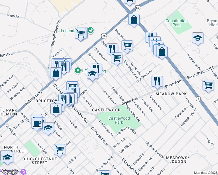 map of restaurants, bars, coffee shops, grocery stores, and more near 153 Devonia Avenue in Lexington