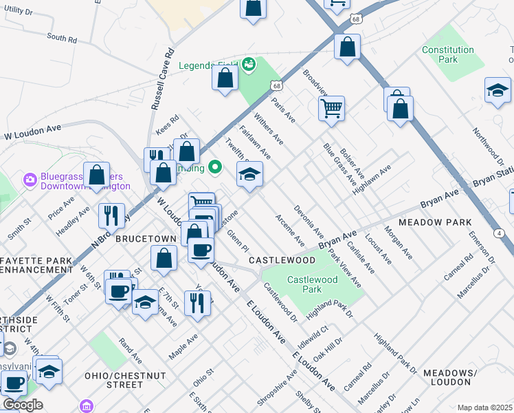 map of restaurants, bars, coffee shops, grocery stores, and more near 122 Arceme Avenue in Lexington
