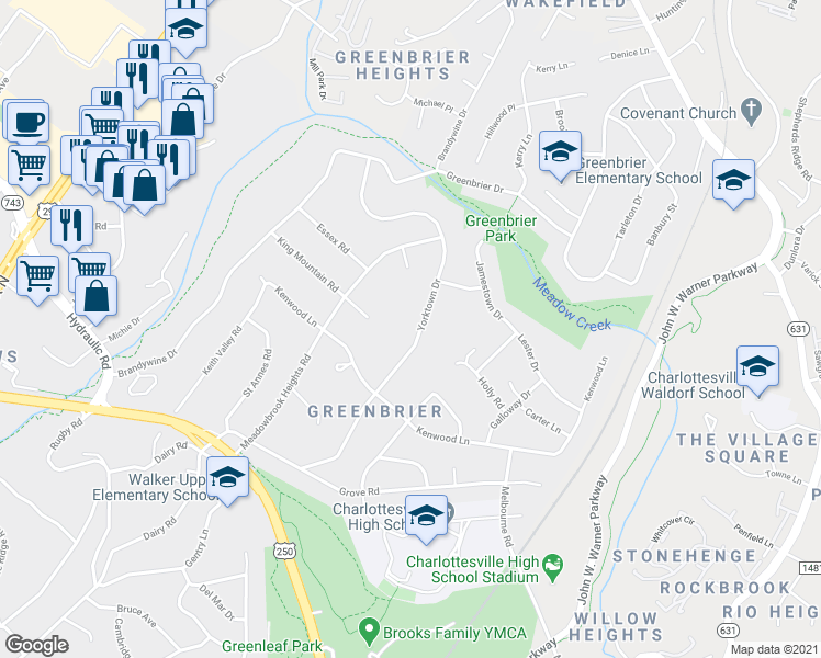 map of restaurants, bars, coffee shops, grocery stores, and more near 1715 Yorktown Drive in Charlottesville