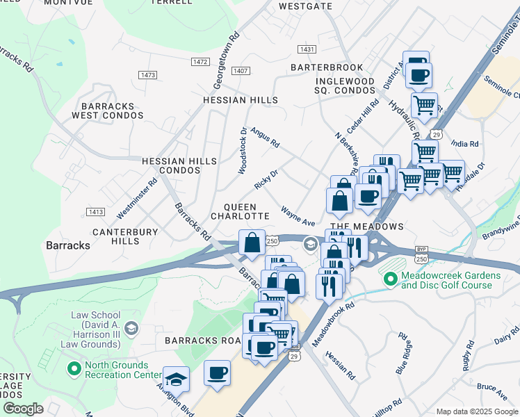 map of restaurants, bars, coffee shops, grocery stores, and more near 2308 Wayne Avenue in Charlottesville
