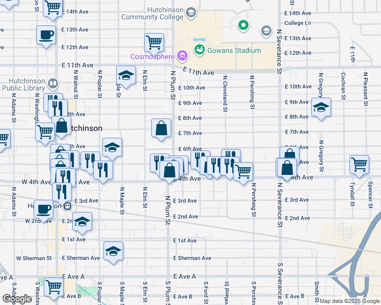map of restaurants, bars, coffee shops, grocery stores, and more near 529 East 6th Avenue in Hutchinson