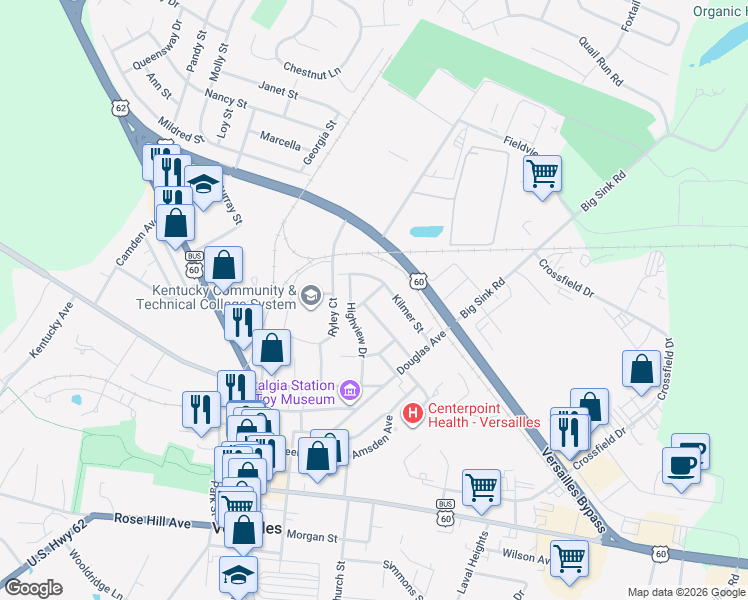 map of restaurants, bars, coffee shops, grocery stores, and more near 216 Boston Drive in Versailles