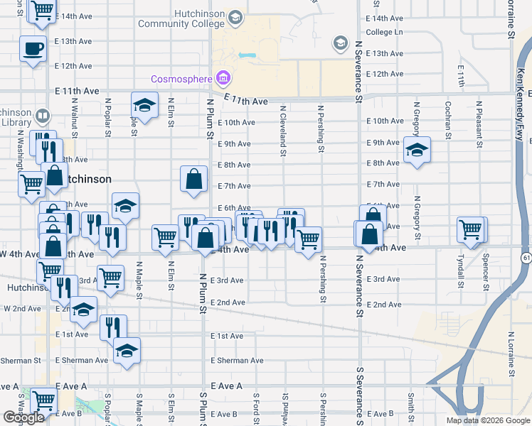 map of restaurants, bars, coffee shops, grocery stores, and more near 615 East 6th Avenue in Hutchinson