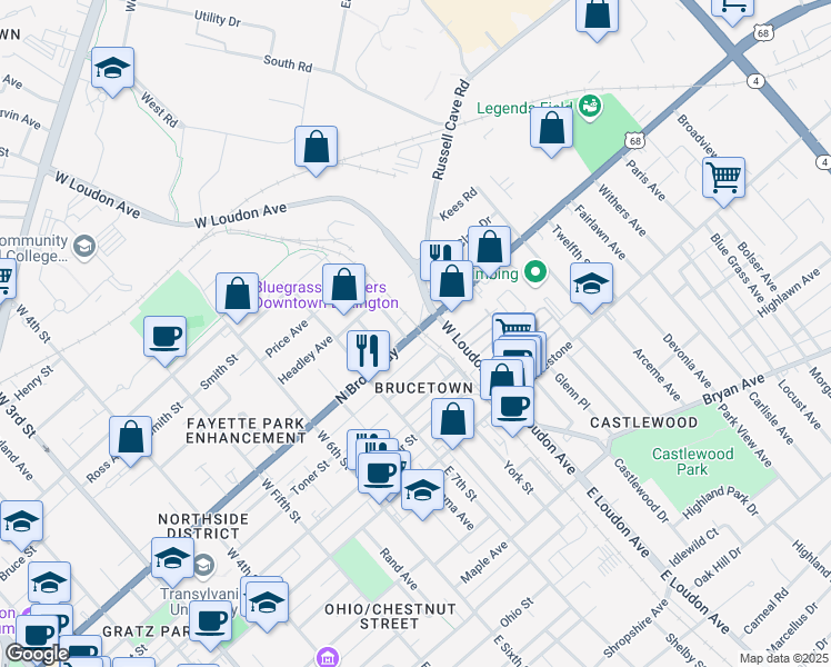 map of restaurants, bars, coffee shops, grocery stores, and more near U.S. 27 in Lexington