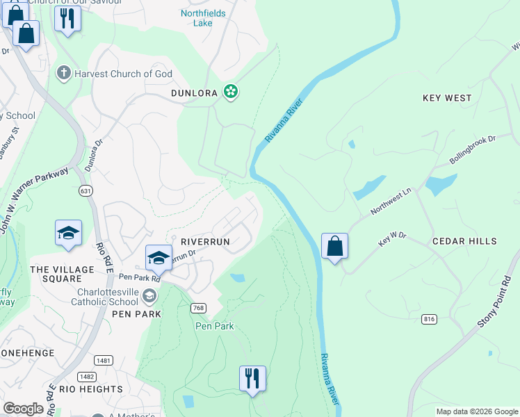 map of restaurants, bars, coffee shops, grocery stores, and more near 1417 Glenside Green Court in Charlottesville