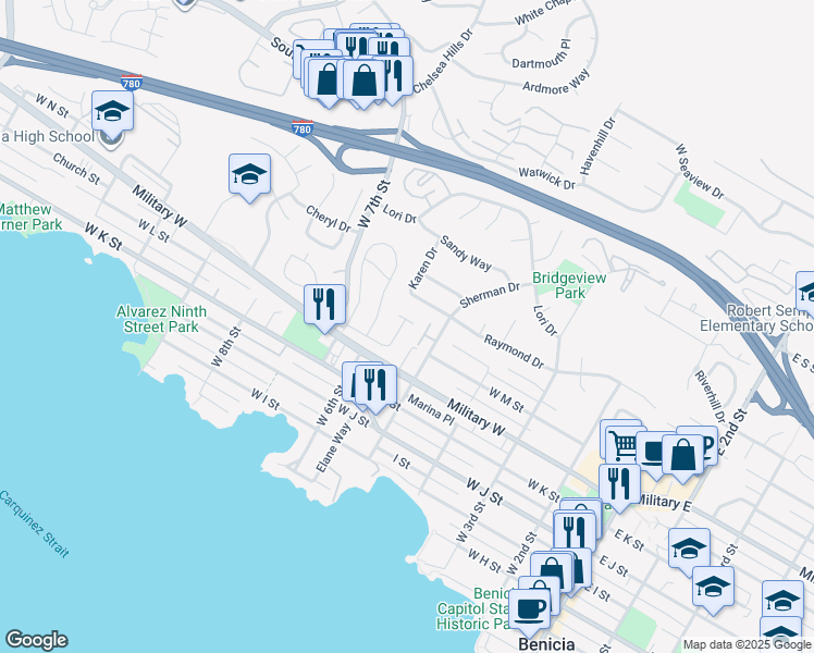 map of restaurants, bars, coffee shops, grocery stores, and more near 36 Alta Loma in Benicia