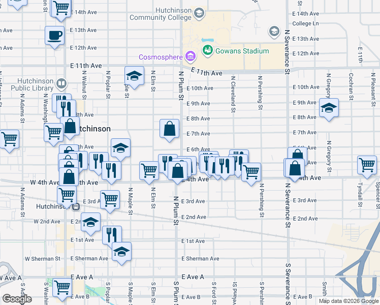 map of restaurants, bars, coffee shops, grocery stores, and more near 510 East 6th Avenue in Hutchinson