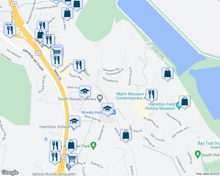 map of restaurants, bars, coffee shops, grocery stores, and more near 28 Newport Landing Drive in Novato