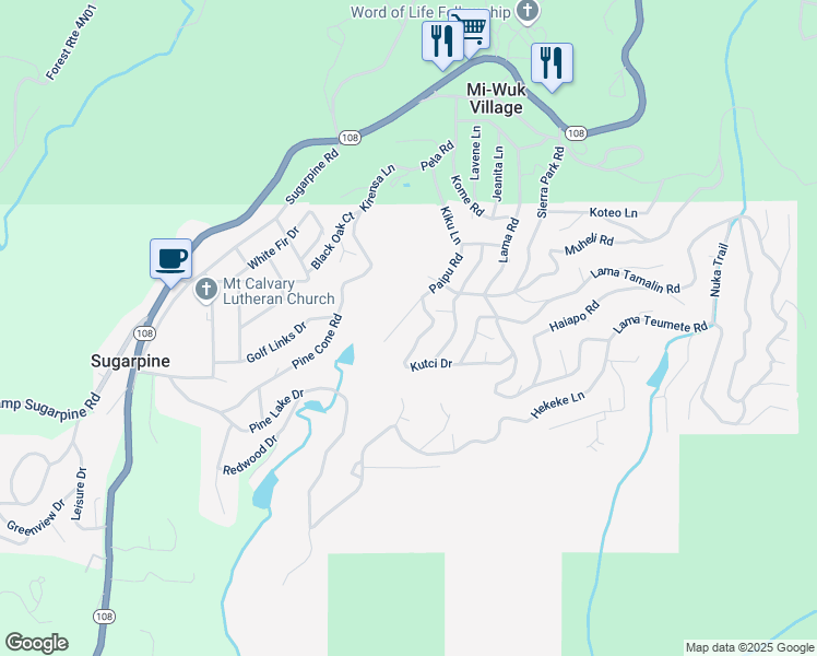 map of restaurants, bars, coffee shops, grocery stores, and more near 24127 Paipu Road in Mi-Wuk Village