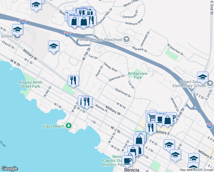 map of restaurants, bars, coffee shops, grocery stores, and more near 504 Raymond Drive in Benicia