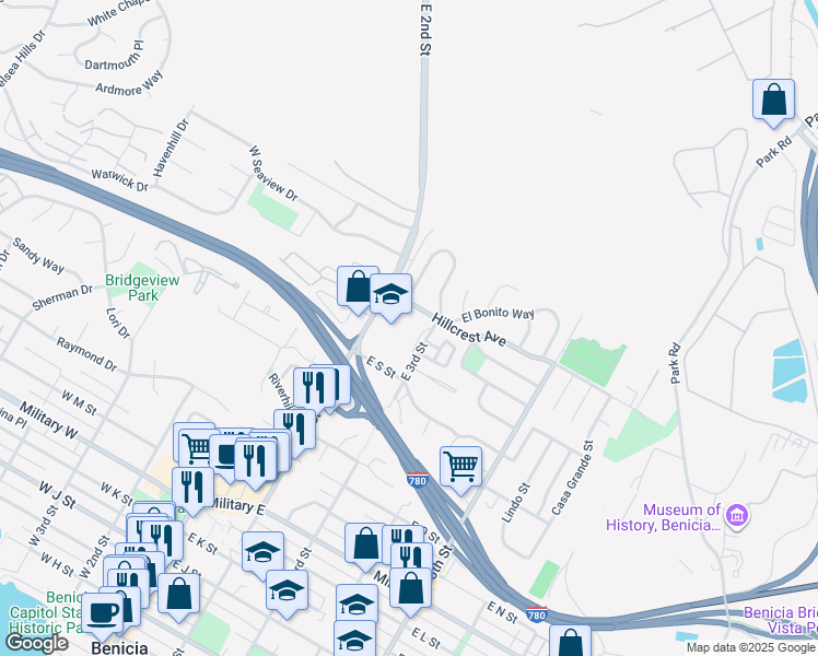 map of restaurants, bars, coffee shops, grocery stores, and more near 2015 East 3rd Street in Benicia