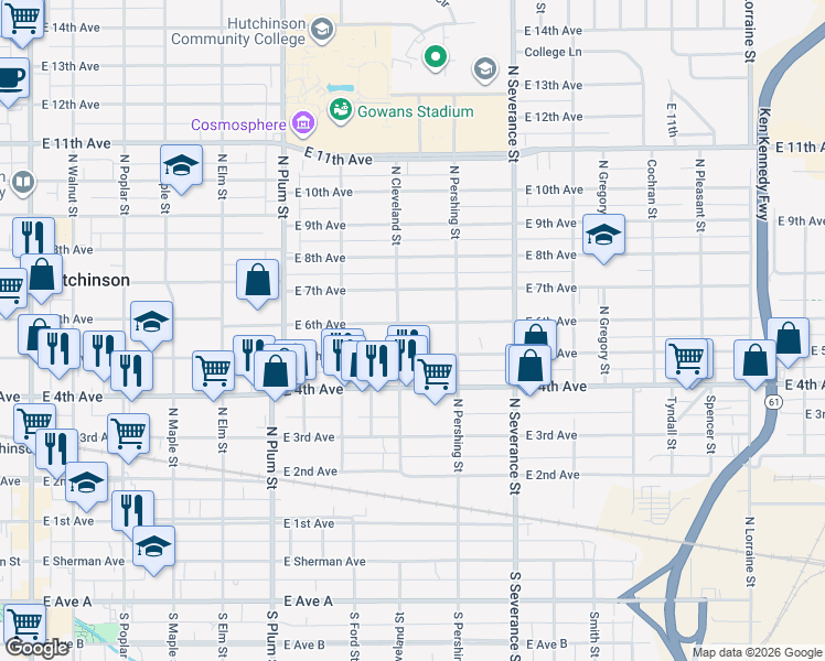 map of restaurants, bars, coffee shops, grocery stores, and more near 709 East 6th Avenue in Hutchinson