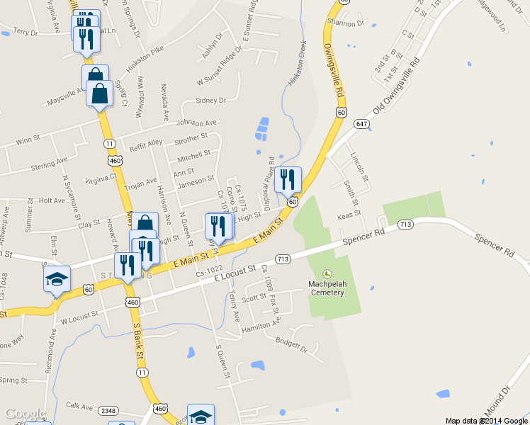 map of restaurants, bars, coffee shops, grocery stores, and more near 511 East High Street in Mount Sterling