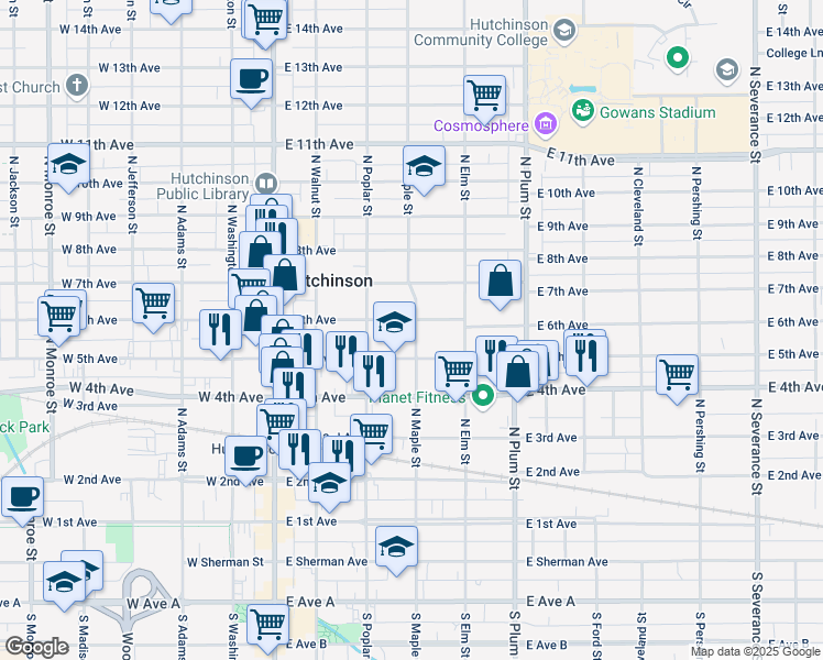 map of restaurants, bars, coffee shops, grocery stores, and more near 303 East 6th Avenue in Hutchinson
