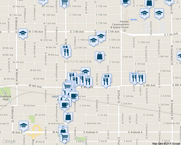 map of restaurants, bars, coffee shops, grocery stores, and more near 213 E 6th Ave in Hutchinson