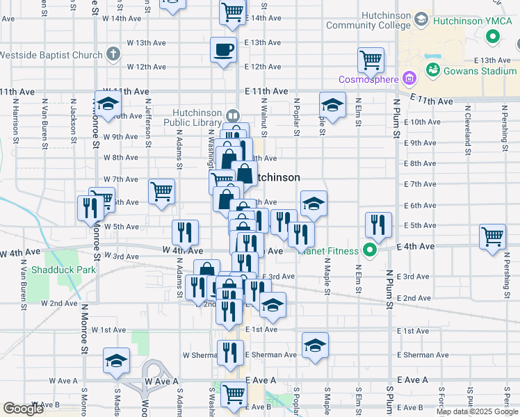 map of restaurants, bars, coffee shops, grocery stores, and more near 102 East 6th Avenue in Hutchinson