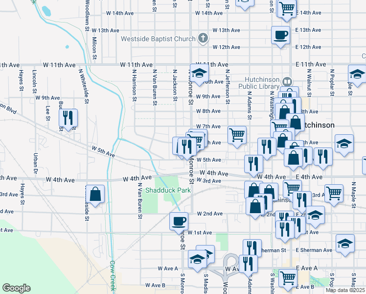 map of restaurants, bars, coffee shops, grocery stores, and more near 525 West 6th Avenue in Hutchinson
