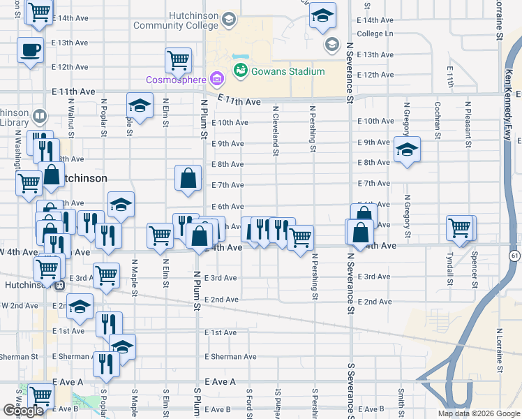 map of restaurants, bars, coffee shops, grocery stores, and more near 615 East 6th Avenue in Hutchinson