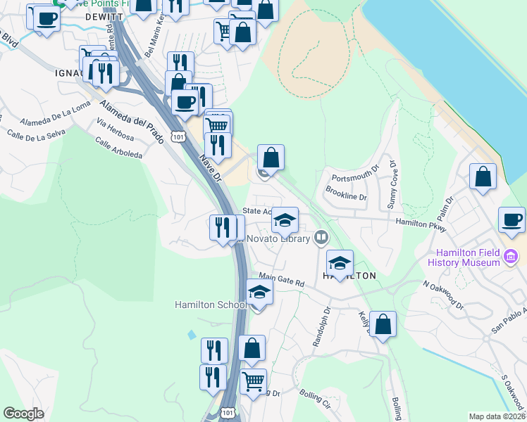 map of restaurants, bars, coffee shops, grocery stores, and more near 803 State Access Road in Novato