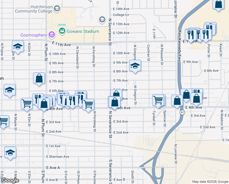 map of restaurants, bars, coffee shops, grocery stores, and more near 907 East 6th Avenue in Hutchinson