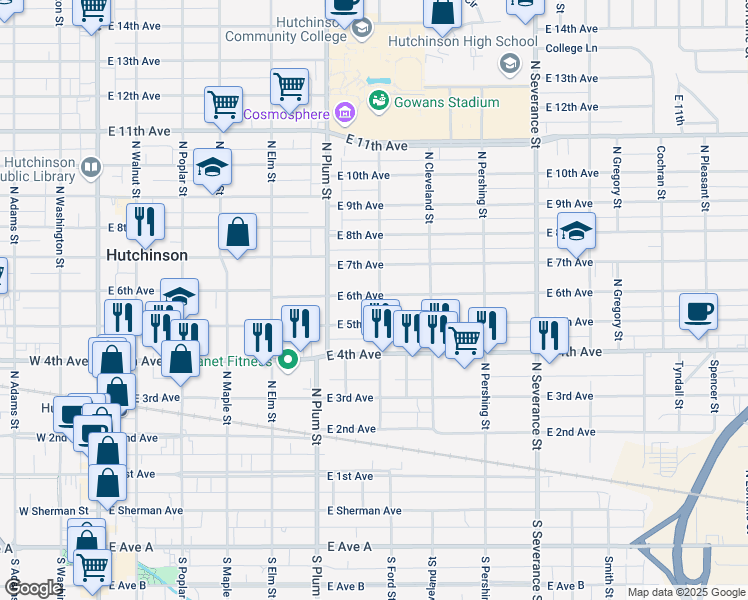 map of restaurants, bars, coffee shops, grocery stores, and more near 529 East 6th Avenue in Hutchinson