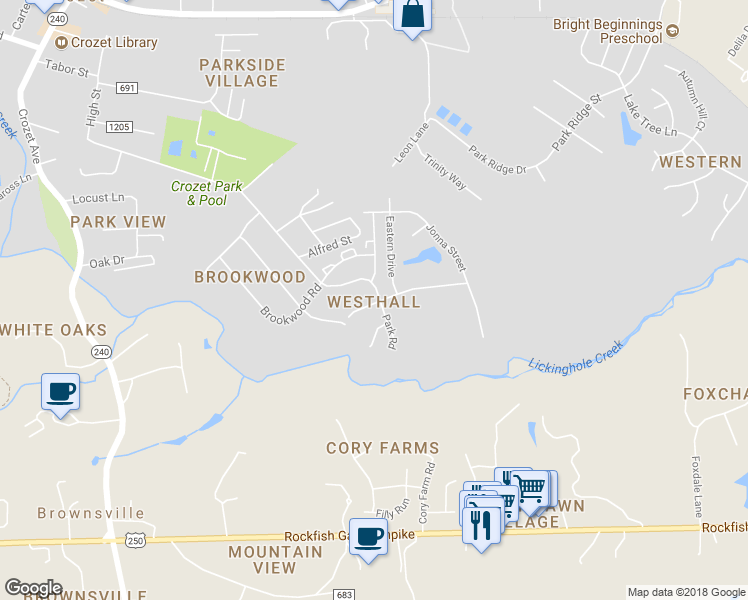 map of restaurants, bars, coffee shops, grocery stores, and more near 5857 Westhall Drive in Crozet