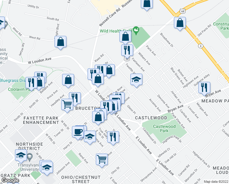 map of restaurants, bars, coffee shops, grocery stores, and more near 115 West Loudon Avenue in Lexington