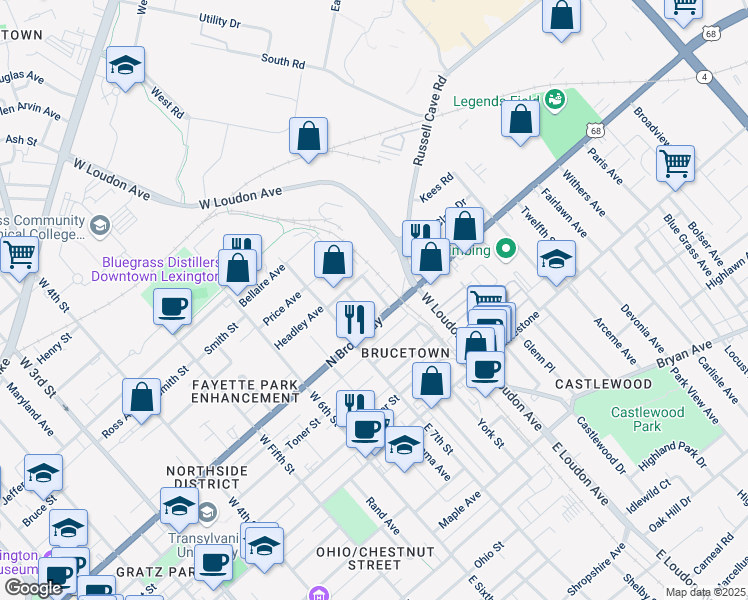 map of restaurants, bars, coffee shops, grocery stores, and more near 406 Granard Avenue in Lexington