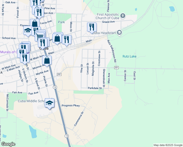 map of restaurants, bars, coffee shops, grocery stores, and more near 606 Magnolia Street in Cuba