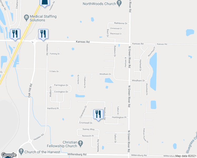 map of restaurants, bars, coffee shops, grocery stores, and more near 8950 Windham Court in Evansville