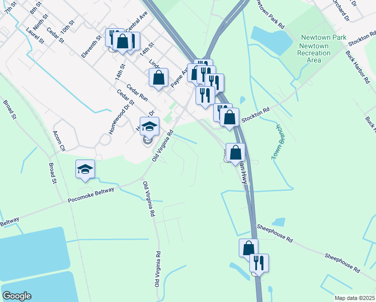 map of restaurants, bars, coffee shops, grocery stores, and more near 1717 Cedar Street in Pocomoke City