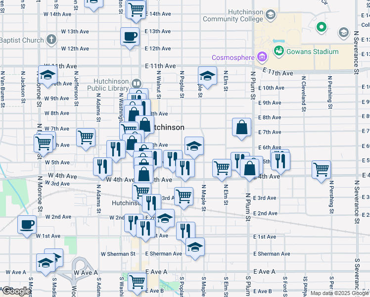 map of restaurants, bars, coffee shops, grocery stores, and more near 518 North Poplar Street in Hutchinson