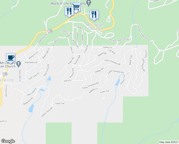 map of restaurants, bars, coffee shops, grocery stores, and more near 20657 Lama Tamalin Road in Mi-Wuk Village