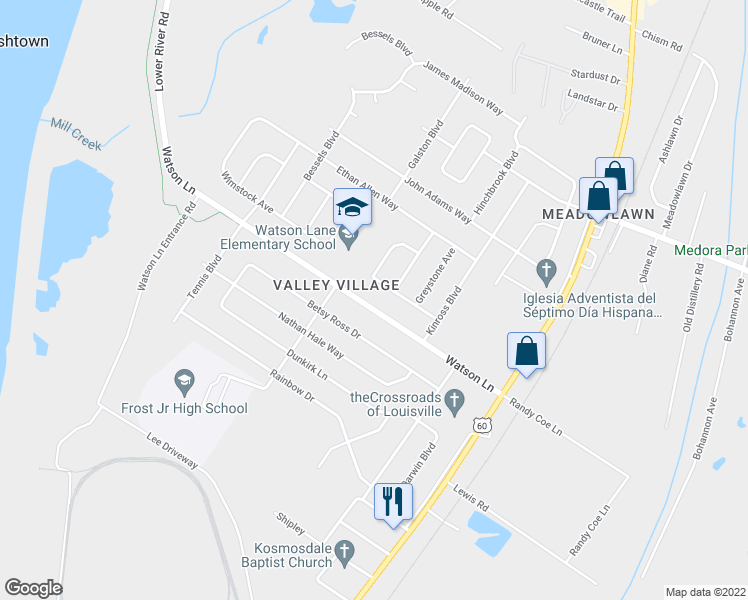 map of restaurants, bars, coffee shops, grocery stores, and more near 7103 Watson Lane in Louisville