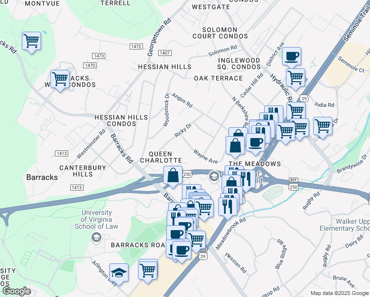 map of restaurants, bars, coffee shops, grocery stores, and more near 2308 Wayne Avenue in Charlottesville