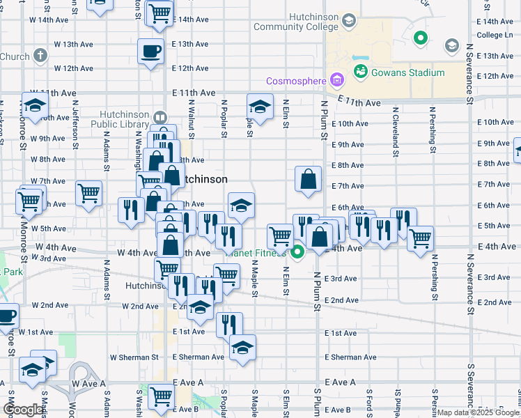 map of restaurants, bars, coffee shops, grocery stores, and more near 303 East 6th Avenue in Hutchinson
