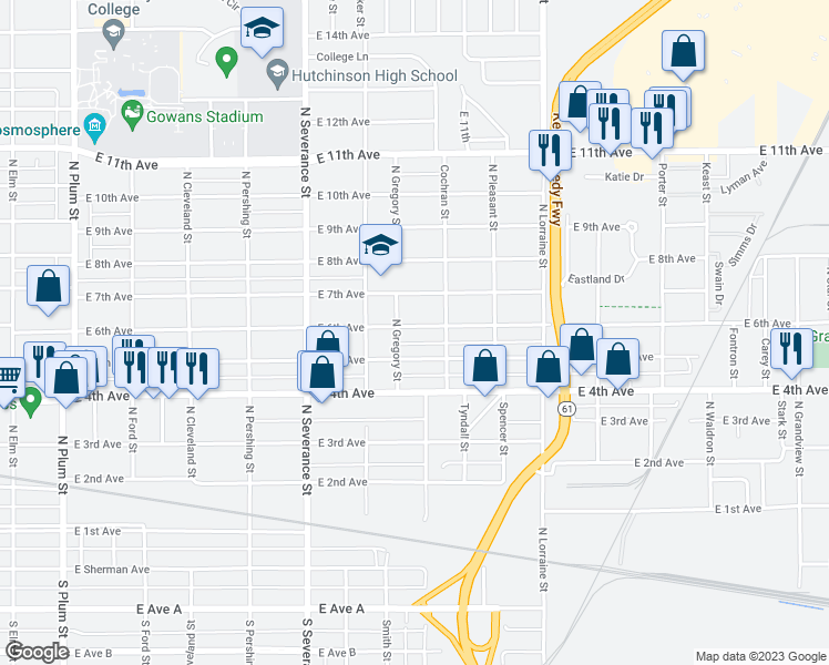 map of restaurants, bars, coffee shops, grocery stores, and more near 1107 East 6th Avenue in Hutchinson