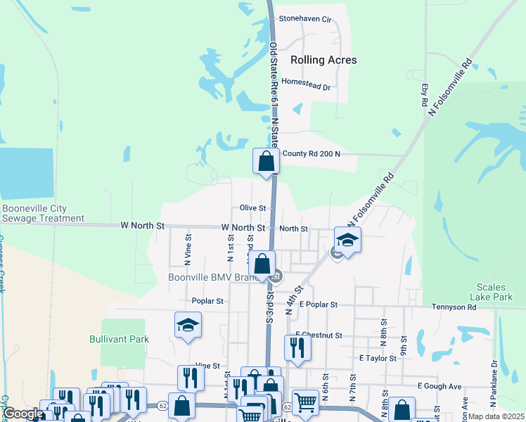 map of restaurants, bars, coffee shops, grocery stores, and more near 114 Olive Street in Boonville