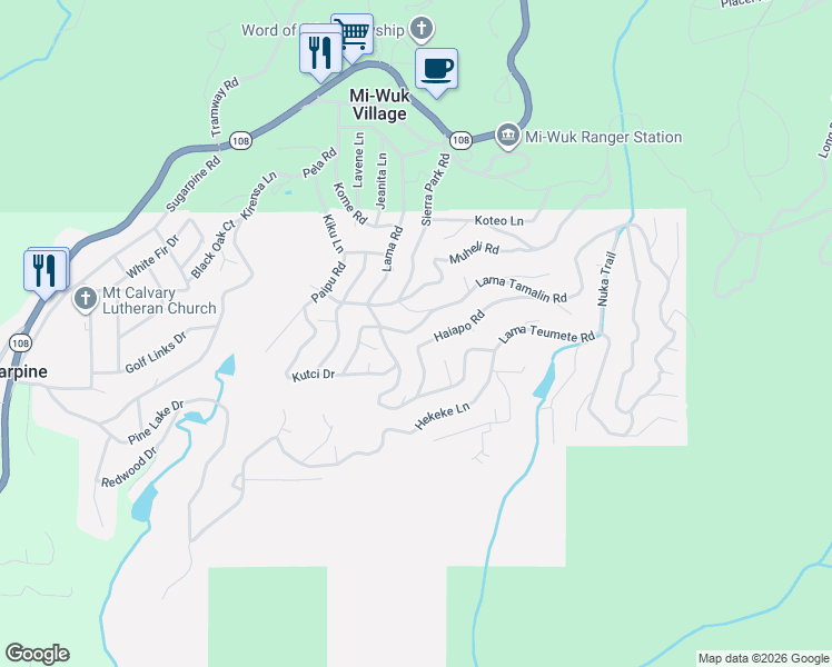 map of restaurants, bars, coffee shops, grocery stores, and more near 20657 Lama Tamalin Road in Mi-Wuk Village